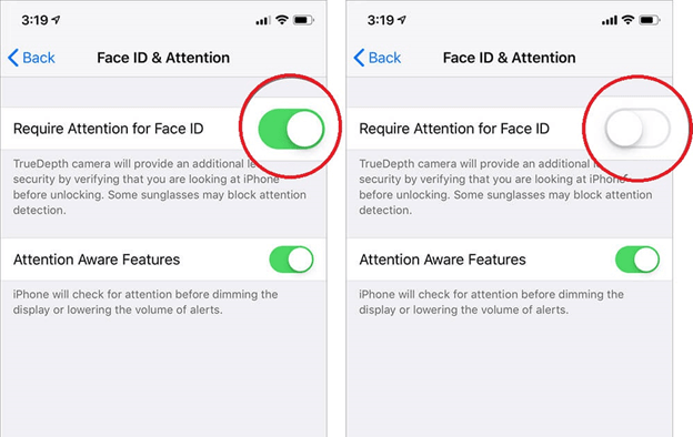 turn off require attention for Face ID