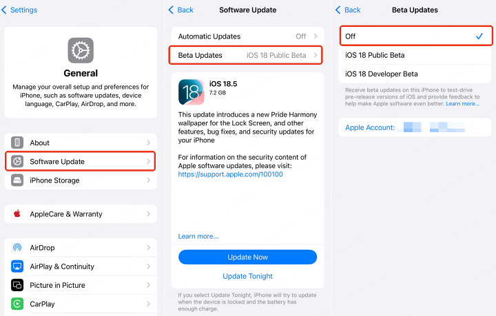 turn off beta updates in settings