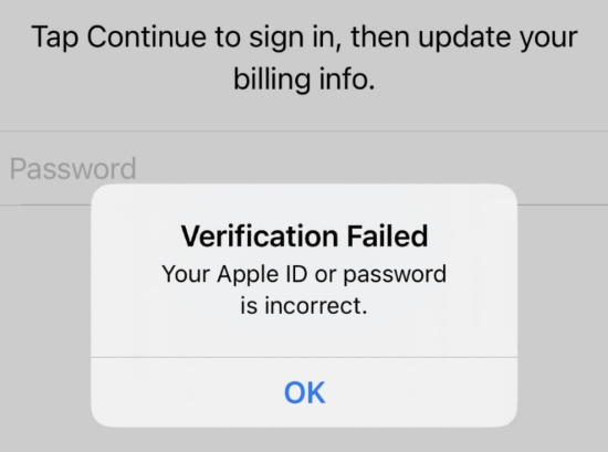 verification failed apple id or password incorrect