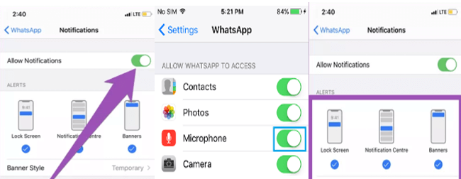 turn on WhatsApp notifications on iPhone Settings