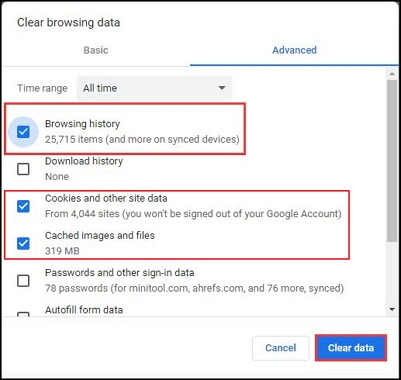 Clear browsing data of Chrome 