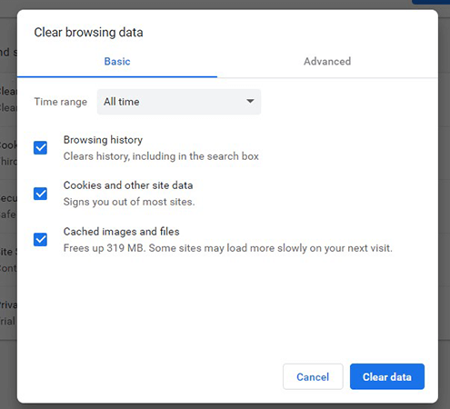 clear browsing data on Chrome