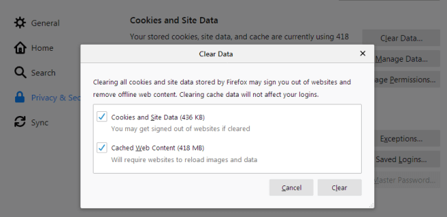 clear FireFox cookies data