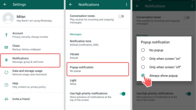 enable WhatsApp popup notifications