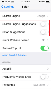 Turn off Safari Suggestions on iPhone