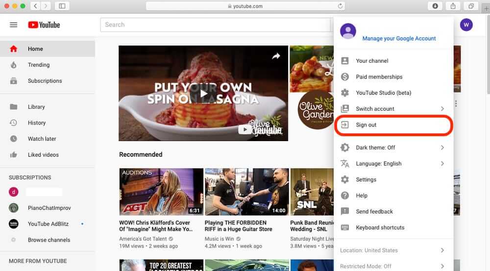 sign out and back to your YouTube account