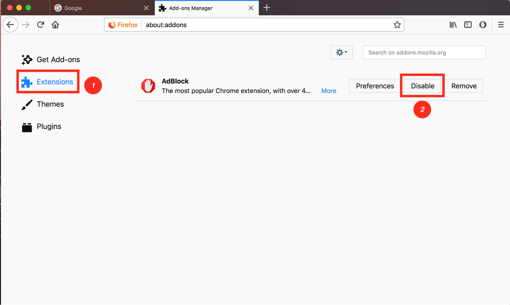 Firefox'ta AdBlock uzantısını kapatıp açma