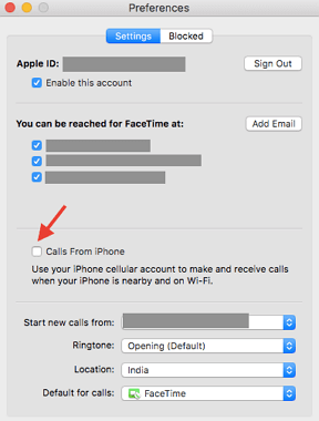uncheck Calls From iPhone on Mac