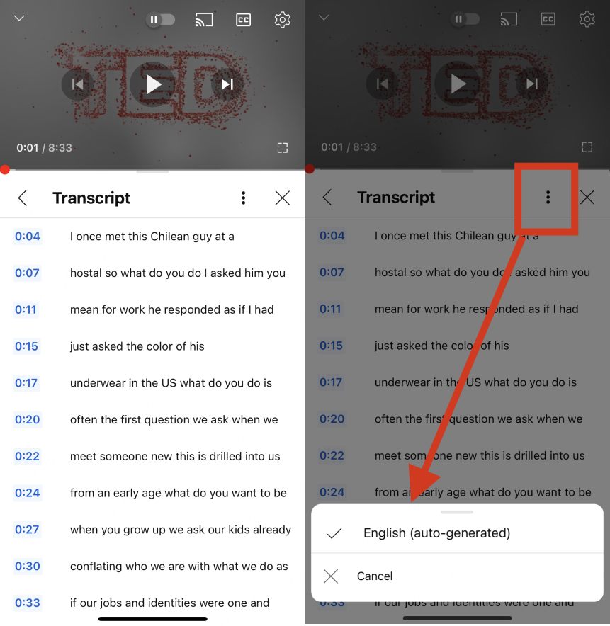 copy and paste youtube transcript from youtube to phone