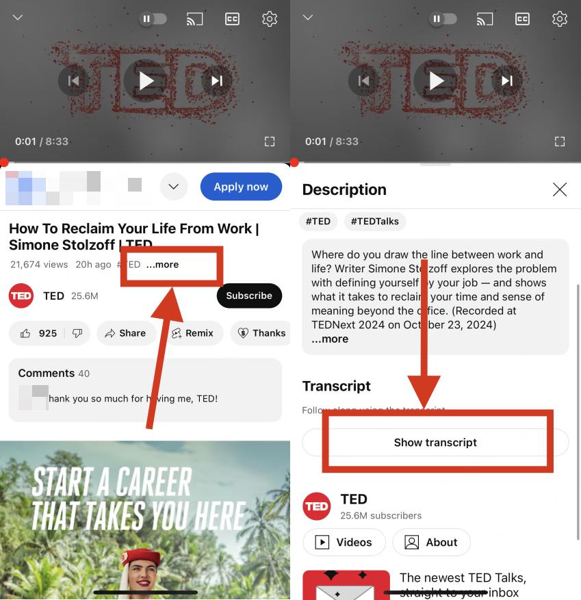 download youtube transcrpt on mible phone