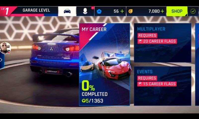 A screenshot of the garage view in the Asphalt 9 mobile racing game