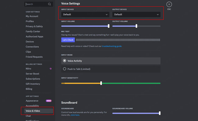 check discord audio settings