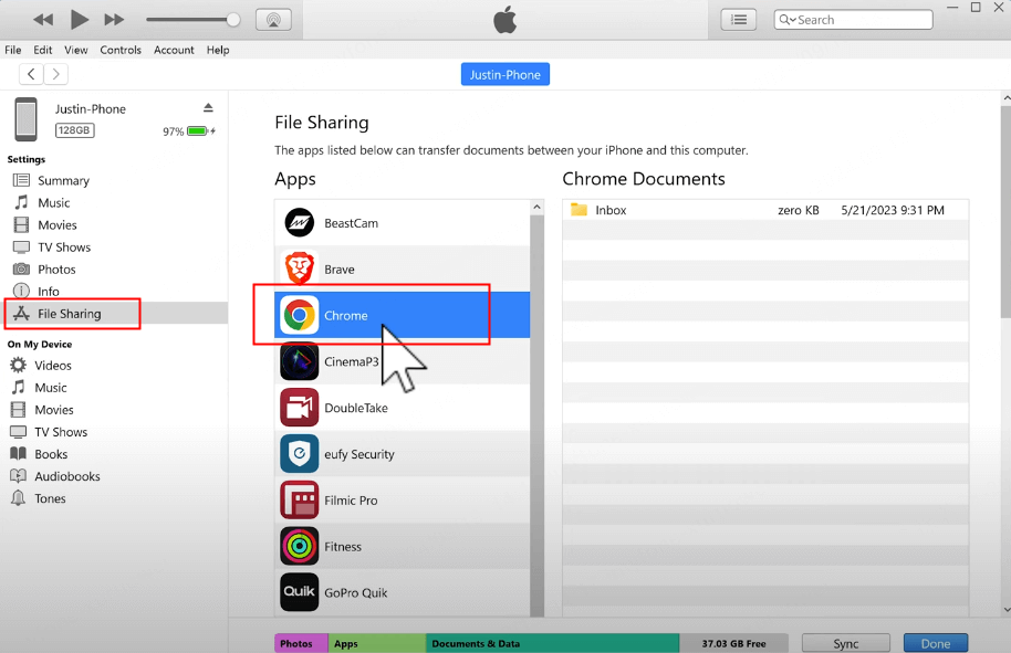 choose file sharing on itunes