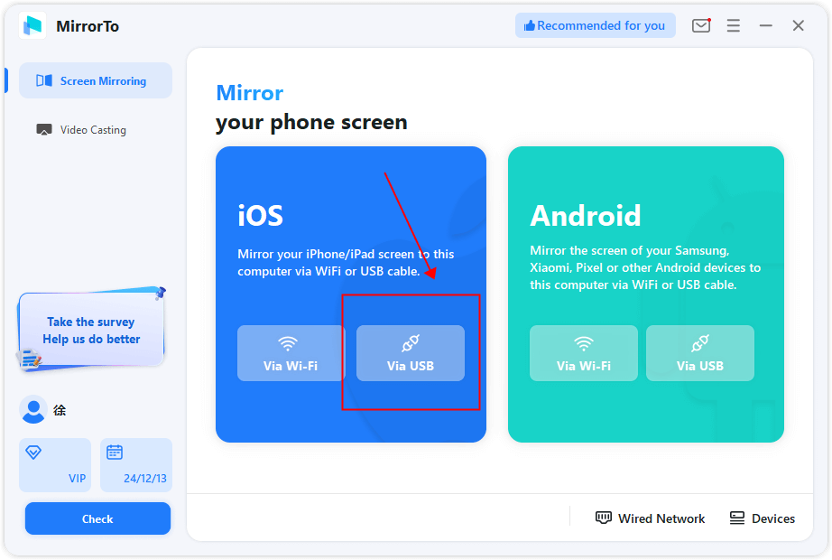 choose ios and usb connection