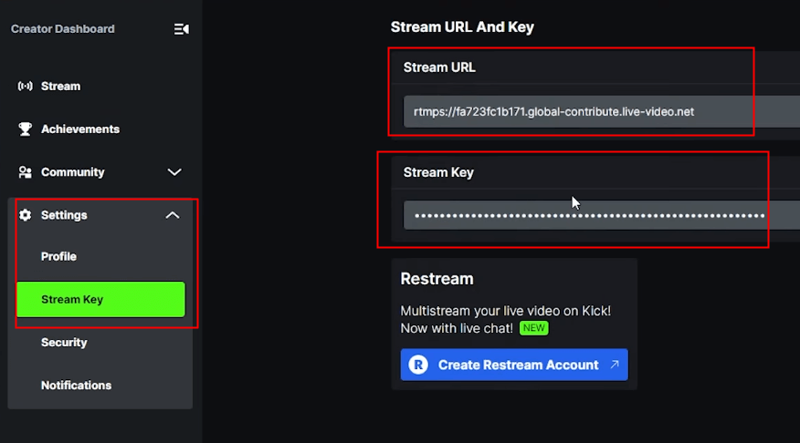 click settings stream key