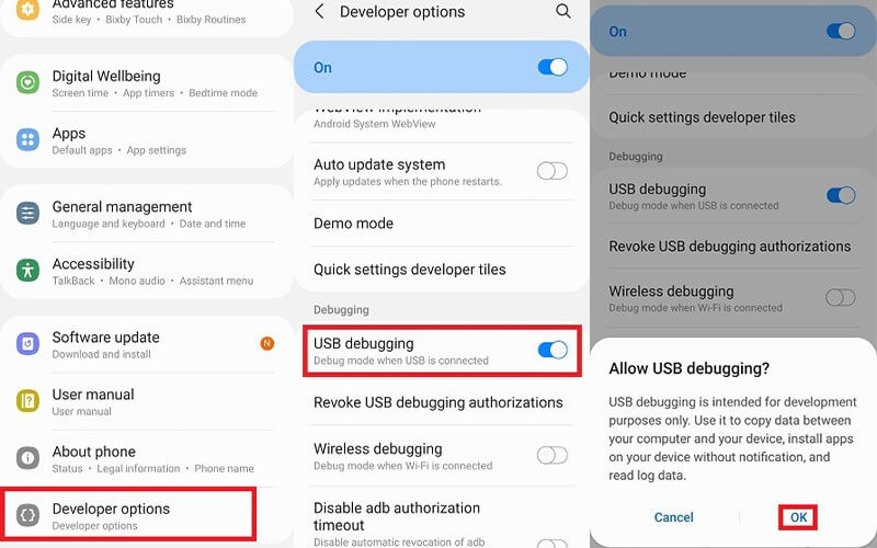 enbale usb debugging in developer options