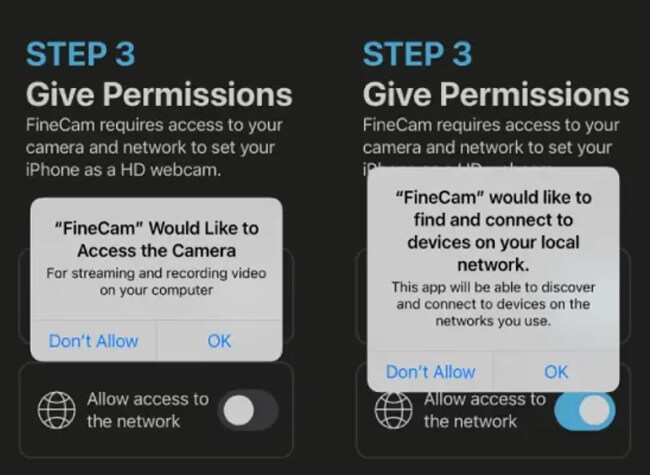 give permissions to finecam