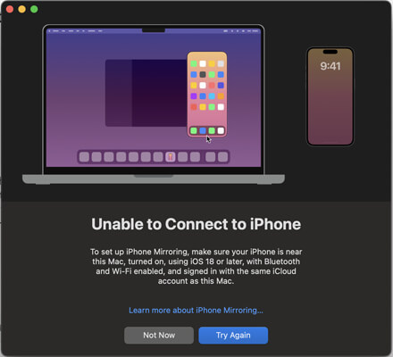 iphone mirroring unable to connect
