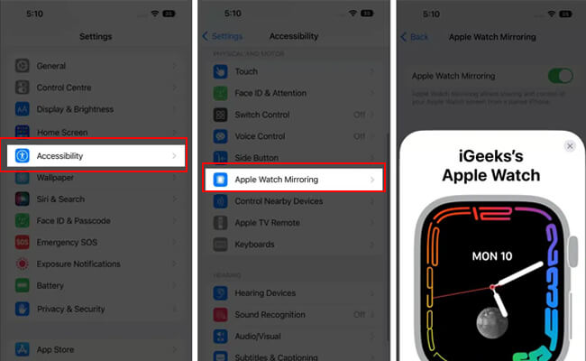 select accessiblity apple watch mirroring