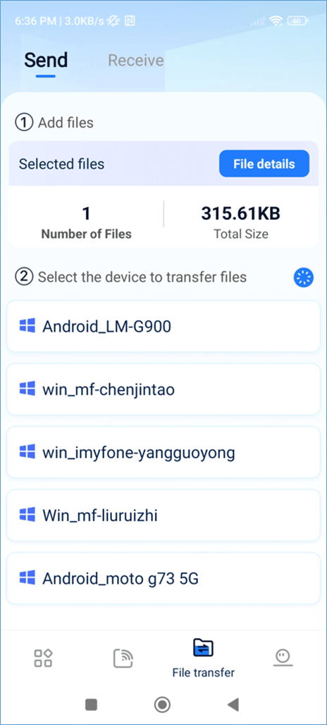 select device to transfer files