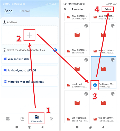 select files on android on mirrorto