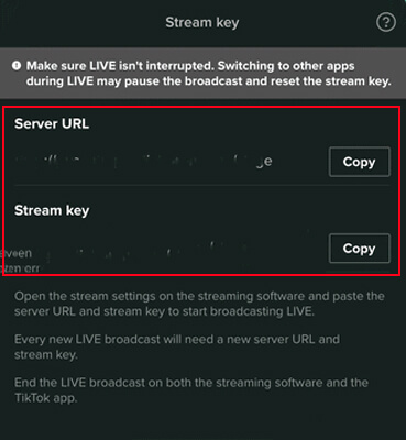 tiktok app stream key url