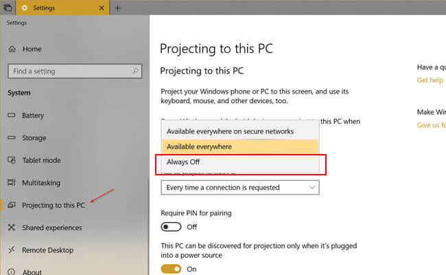 turn off projecting on pc