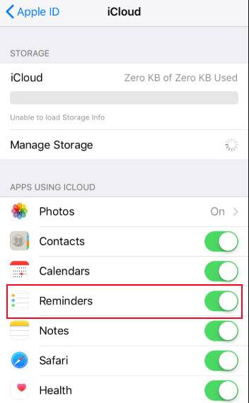 turn on reminder icloud sync