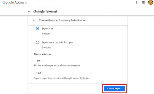 choose export settings in google takeout