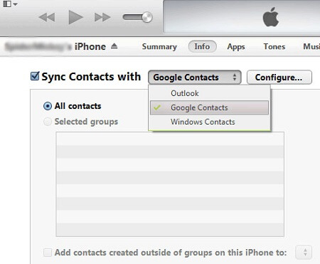 choose google contacts on itunes