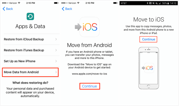 click continue on move to ios