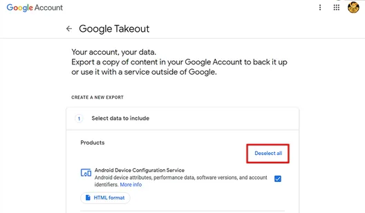 deselect all in google takeout