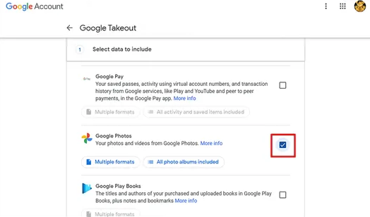 select google photos in google takeout