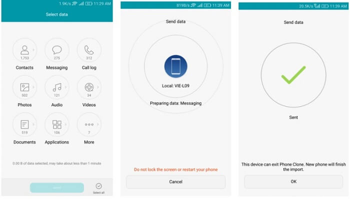 transfer data via phone clone successfully