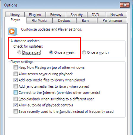 change automatic updates of windows media player