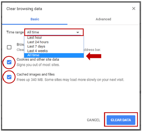 clear cache and cookie data