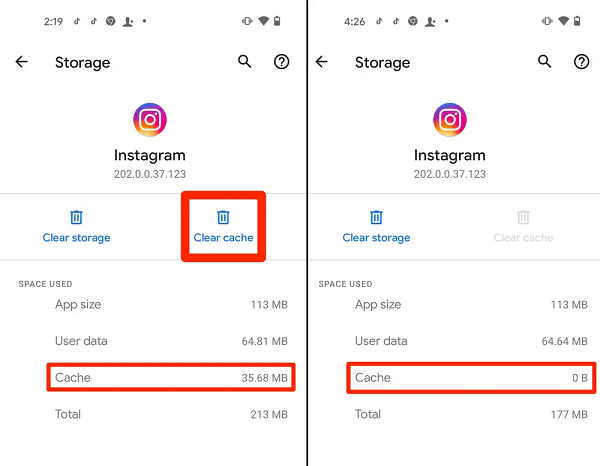 instagram önbelleğini temizleme