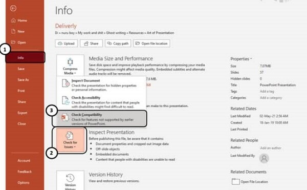 click on the check compatibility on ppt