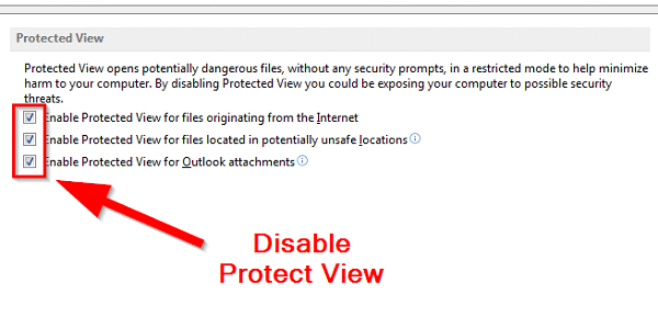 disable protected view in word