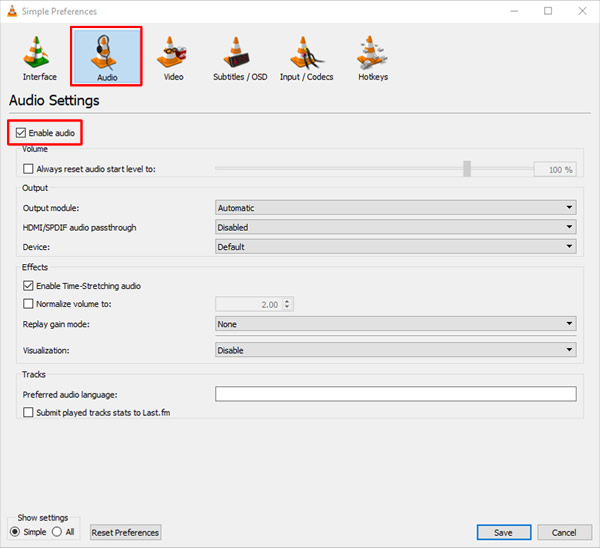 enable vlc audio