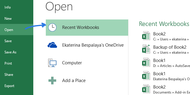 excel open recent workbooks