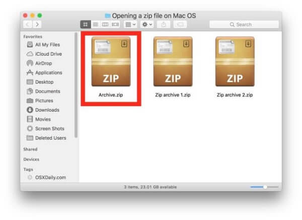 find out zip file in finder