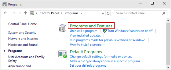 open programs and features i control panel