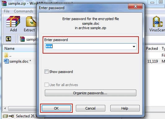 open password protected zip file with winrar