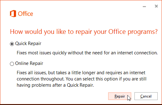 quick repair microsoft office
