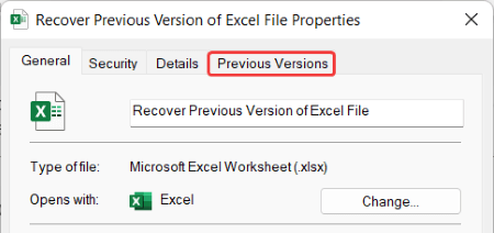 recover previous version of excel file