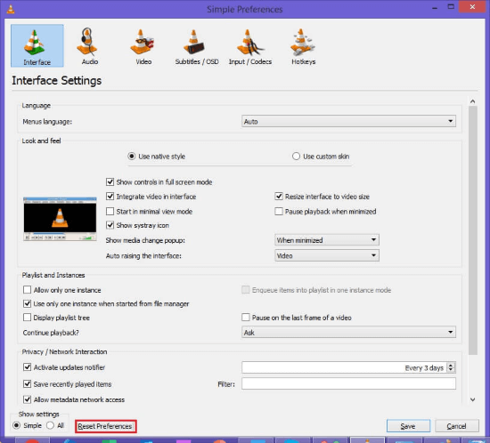 reset preferences of vlc