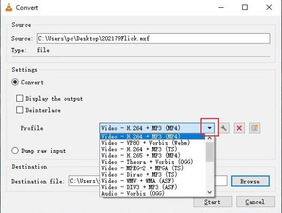start to convert mxf file with vlc