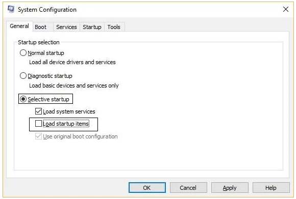 uncheck load startup items