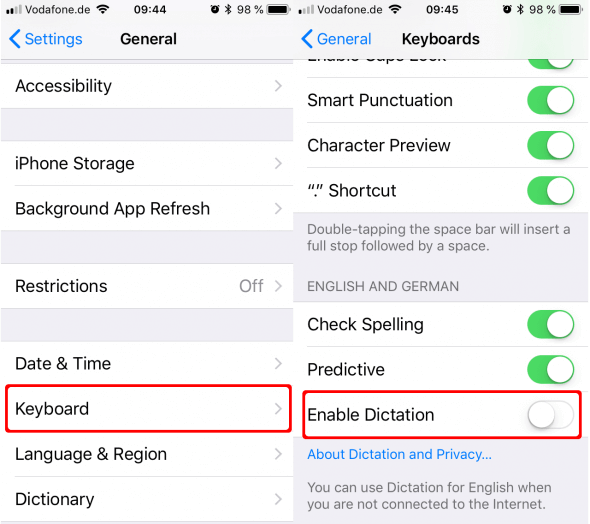 keyboard enable dictation